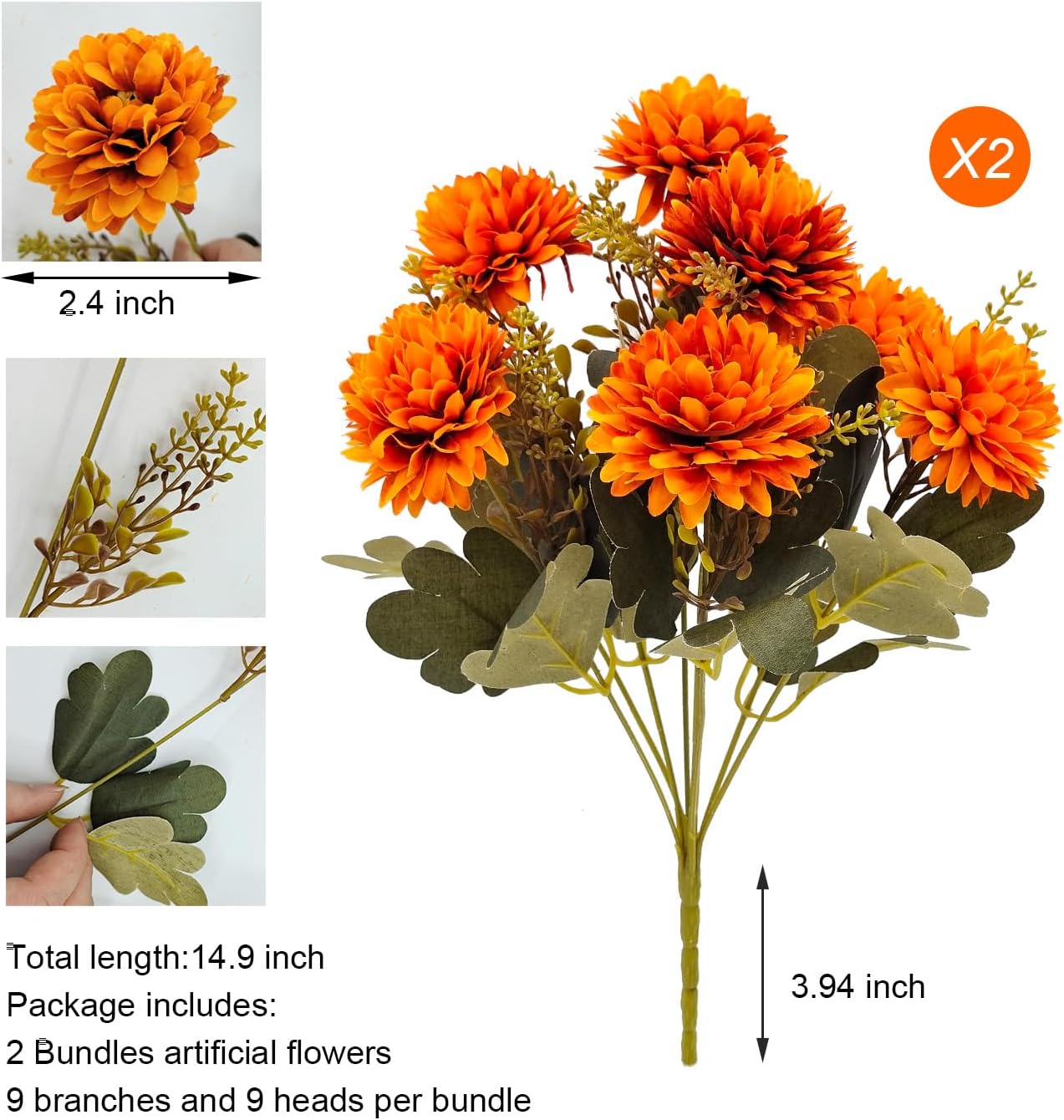 Fall Flowers Artificial Mums 2 Pcs 18 Heads Silk Chrysanthemums Fake Mums Faux Floral Bouquet Arrangements for Home Decor Indoor Outdoors Planter Pots Porch Wedding Autumn Decoration
