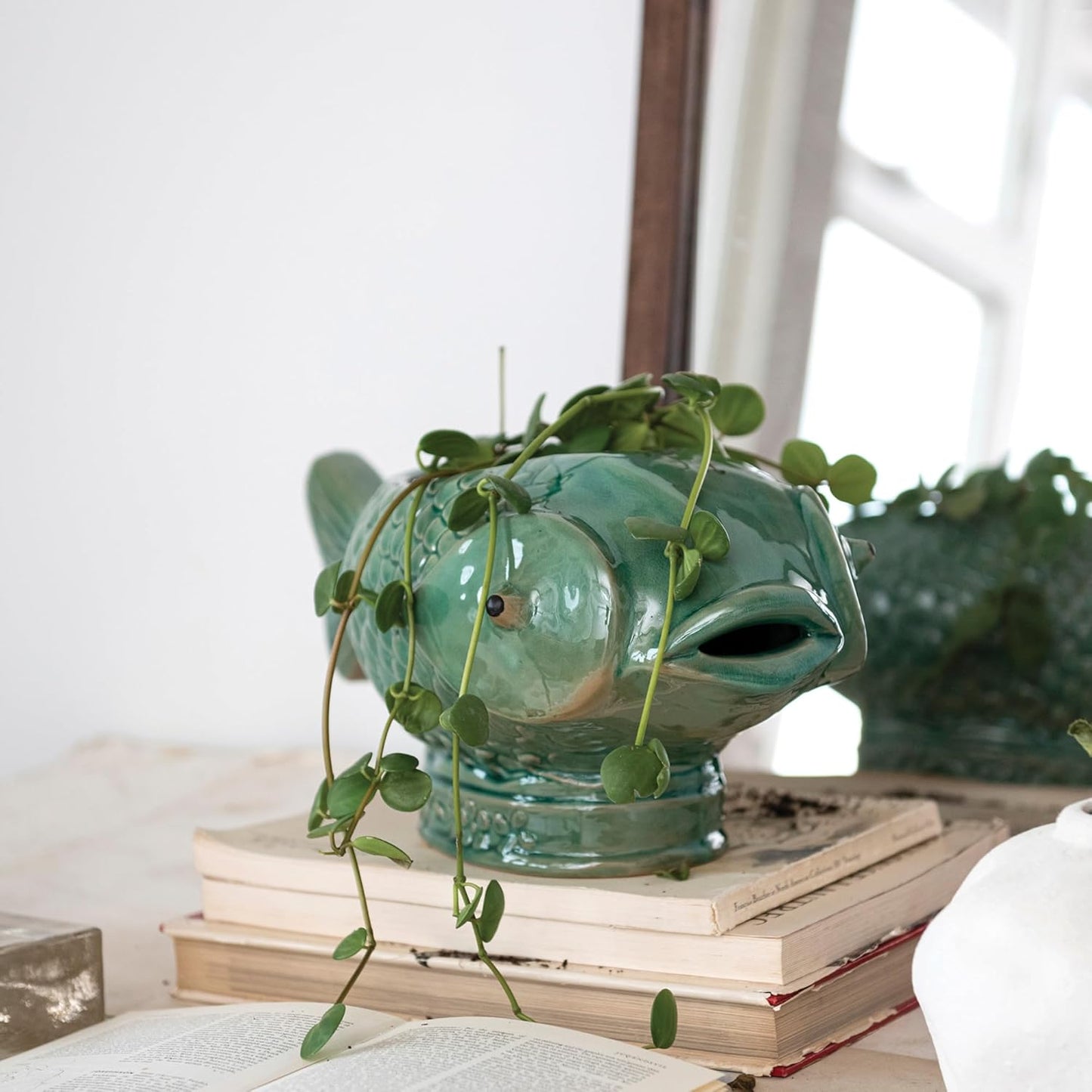 17 Inches Debossed Stoneware Fish Planter, Reactive Glaze, Holds 7 Inc
