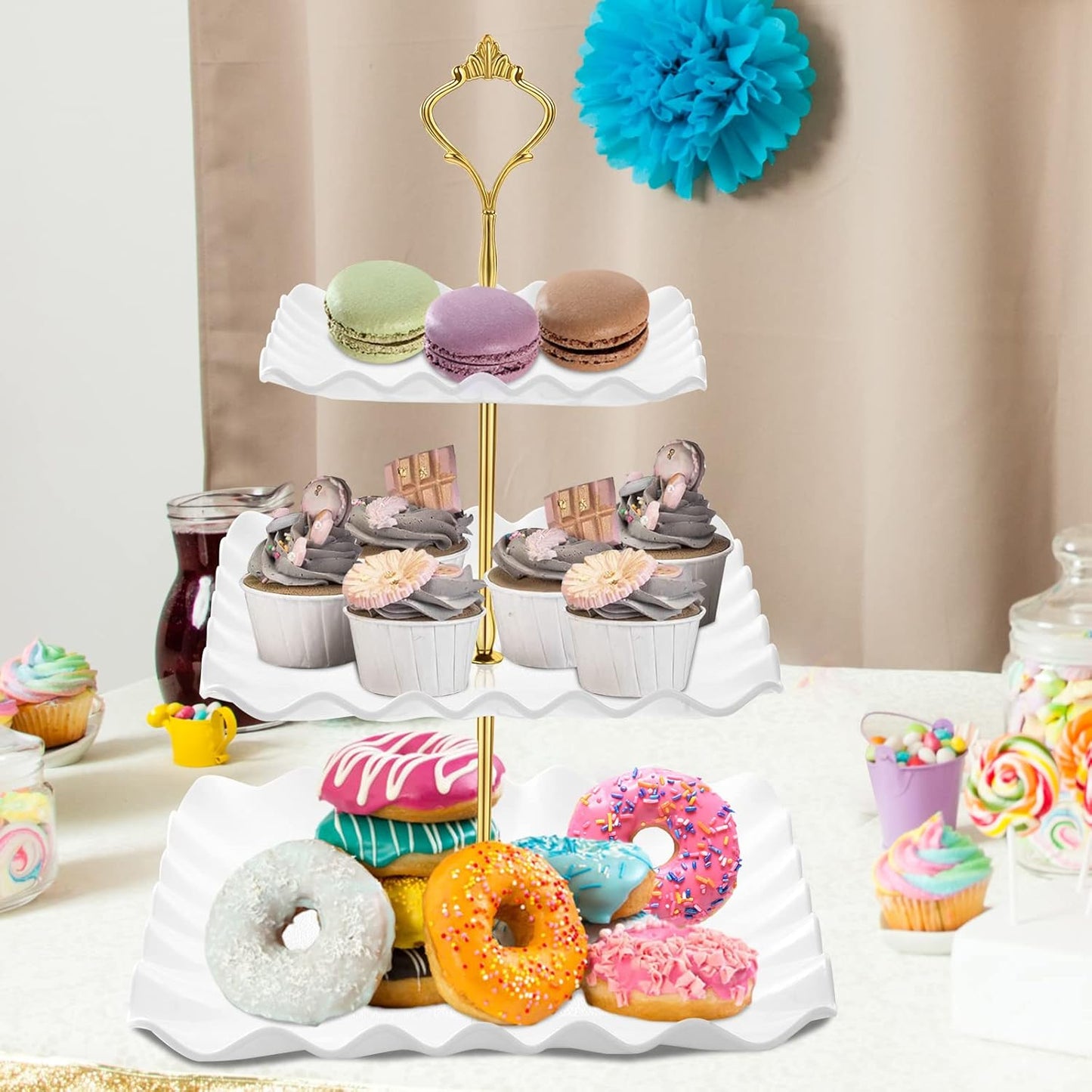 Dessert Cupcake Stand, 3 Tier Cup Cake Holder Tower for Tea Party/Birthday/Wedding, Plastic Tiered Serving Tray with Metal Rod, White