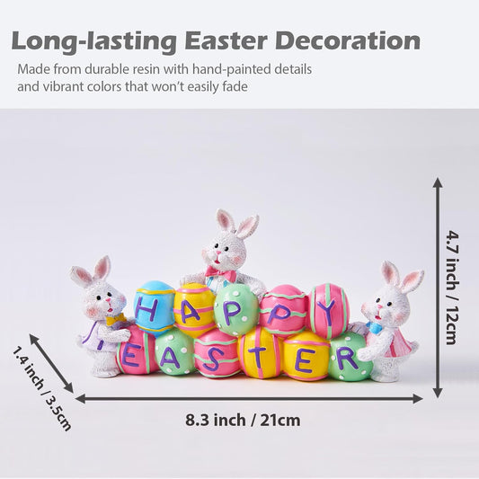 3 Bunny Holding Eggs and Happy Easter Decorations, Resin Easter Bunny