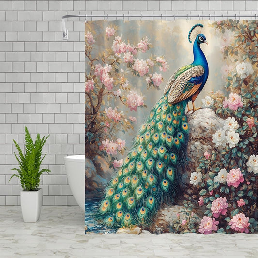 Peacock Shower Curtains Spring Flower Plants Elegant Animals Beautiful Birds Outdoor Landscape Pattern Polyester Fabric Bathroom Decor Partition Bath Curtain Sets 70x70 Inch with Hook