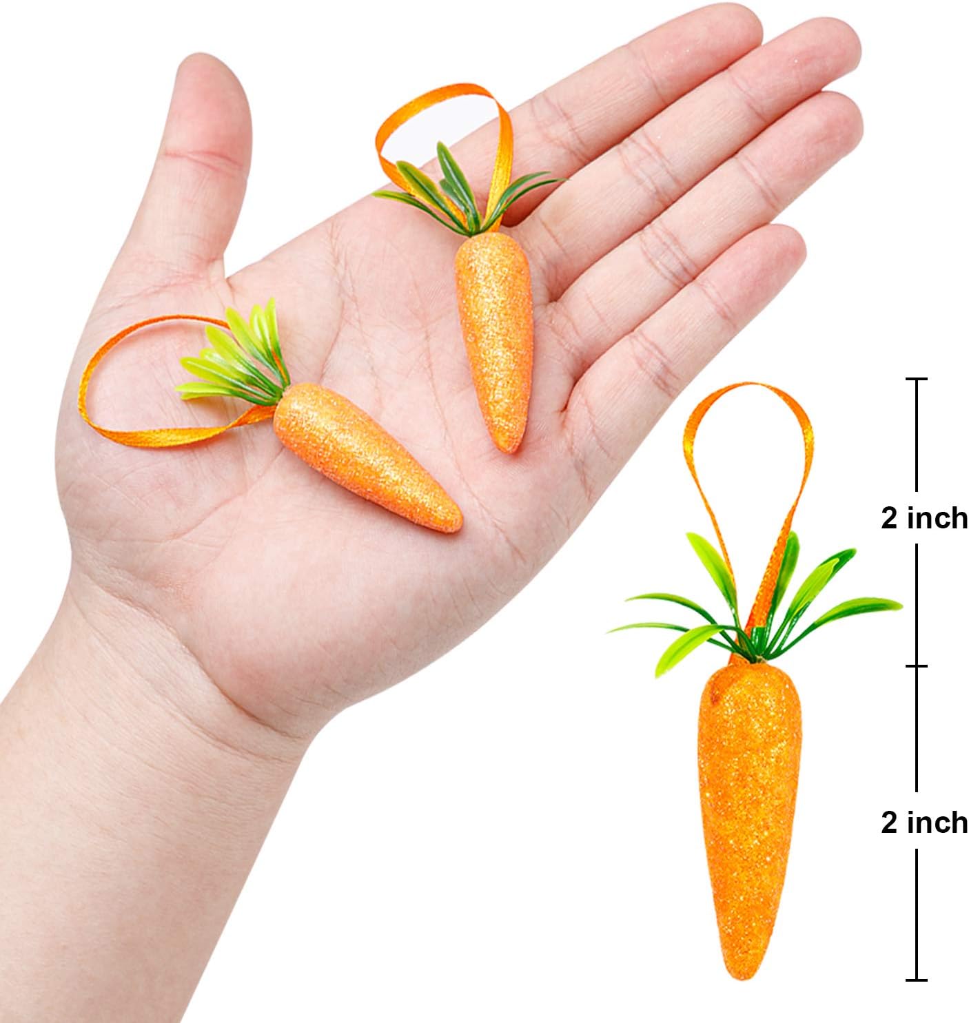 CLESDF Easter Carrot Hanging Ornaments - 12Pcs Premium Foam Glitter Artificial Carrots for Easter Decoration