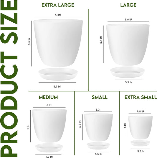 Utopia Home Plant Pots Indoor with Drainage Holes – Set of 5 White Plastic Flower Pots (7/6.6/6/5.3/4.8 Inch) – Modern Planters for Indoor Plants, Room & Office Décor, Great Stocking Stuffers