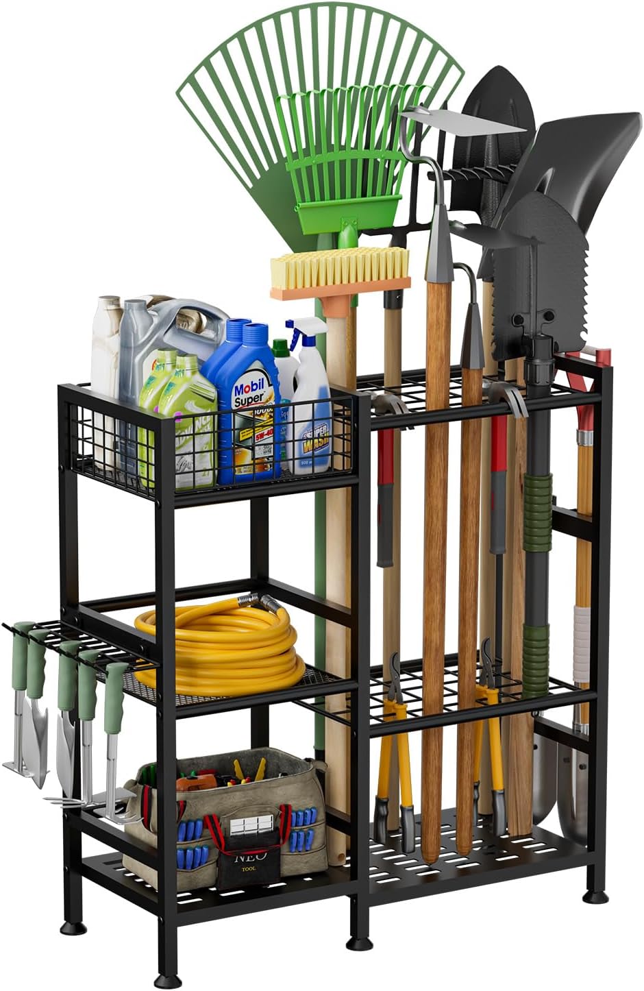keomaisyto Garden Tool Organizer With Basket - 3 Tier Yard Storage Rack for Garage Organization, Heavy Duty Holder With 35 Long-Handled Slots for Shed, Yard, Garage