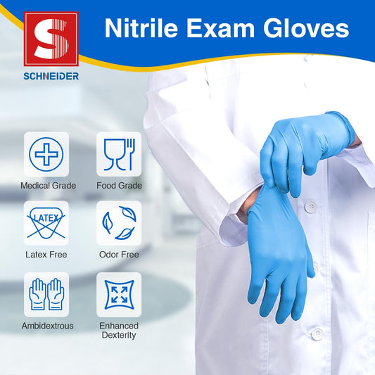 Schneider Nitrile Exam Gloves, Medical Grade Blue Disposable Gloves Latex Free, Rubber Glove for Cleaning, Cooking, Food Prep