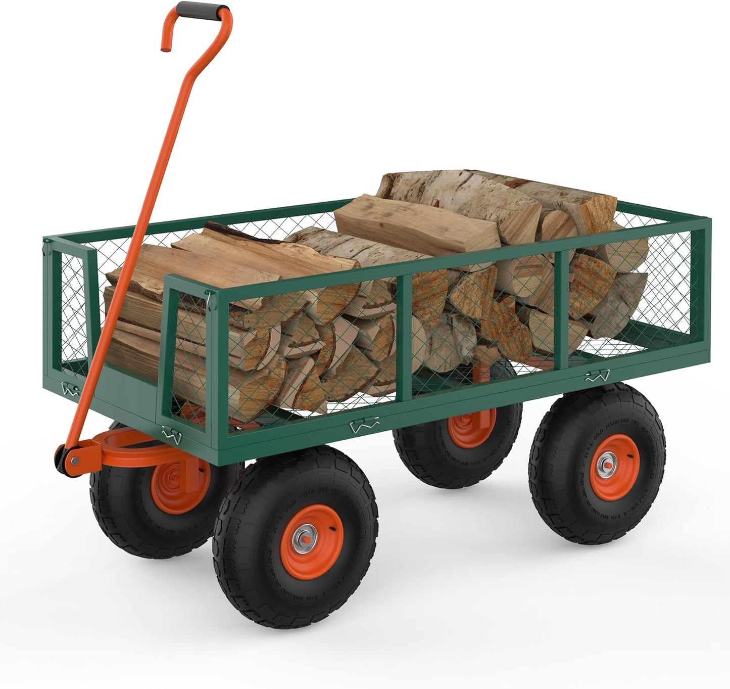 Steel Garden Cart, 500 LBS, 3 in-1 Folding Utility Wagon with Removable Sides, 10 in Tires, 180° Rotating Handle for Outdoor, Farm, Lawn and Garden, Heavy Duty Flatbed, Green & Orange