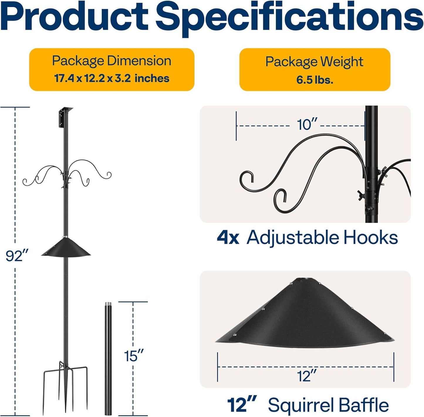 VIVOHOME 106 Inch Bird Feeder Pole, Heavy Duty Adjustable Bird House Stand Pole for Outdoor, Bird House Pole Mount Kit with 5 Prong