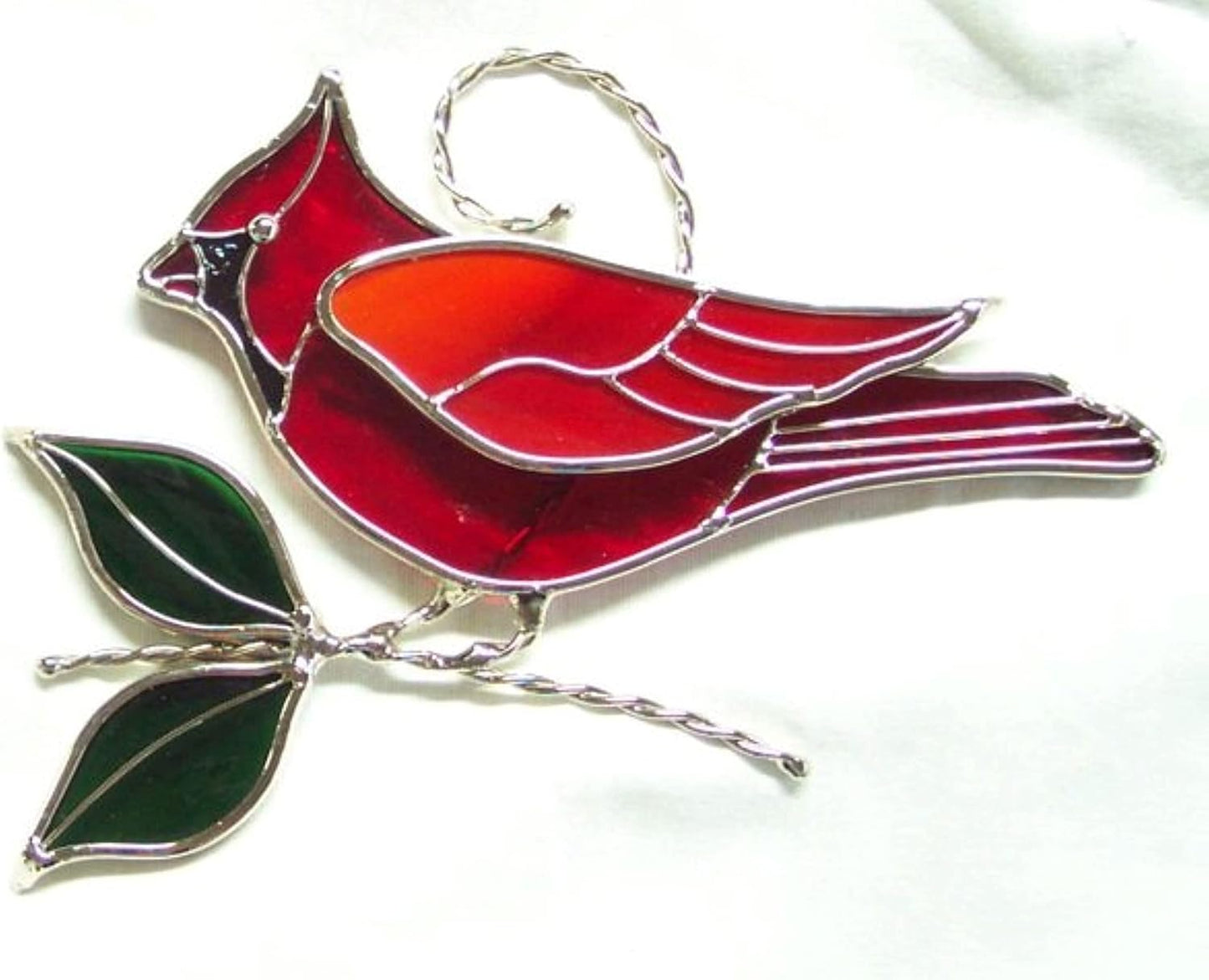 Red Cardinal Stained Glass Suncatcher – 7x5 Inch Real Stained Glass Bird Ornament with Silver-Plated Finish & Wire Detail – Window Hanging Decoration for Nature & Bird Lovers from Juhlin Glass Studio