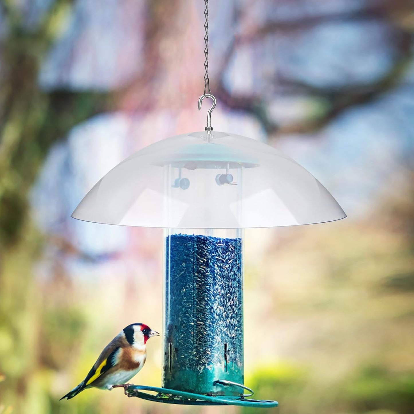 2 Pcs Bird Feeders Protective Cover Clear Squirrel Baffle Bird Feeder Squirrel Guard Round Protective Dome Rain Protective Cover with Chains for Hanging Bird Feeders Outdoor Garden - 10''