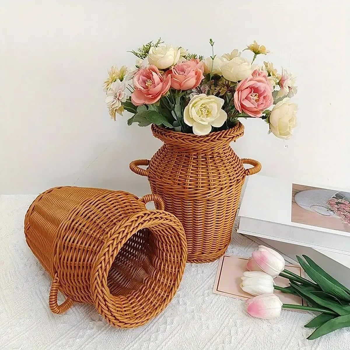 Rattan Flower Basket, Decorative Classic Woven Planter Basket with Han