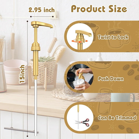Coffee Syrup Pump Dispenser, 4 Packs of Syrup Pump for 750ml/25.4 oz Syrup Bottle, Gold Pumps for Coffee Syrup Bottle, works with Torani, DaVinci, Jordans Skinny 750ml Syrups Bottles (Gold)