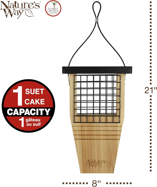 Nature’s Way Cedar Woodpecker Suet Feeder with Tail Support, Heavy-Duty Wood Design, 1 Suet Cake Capacity, Black Weather Guard Roof