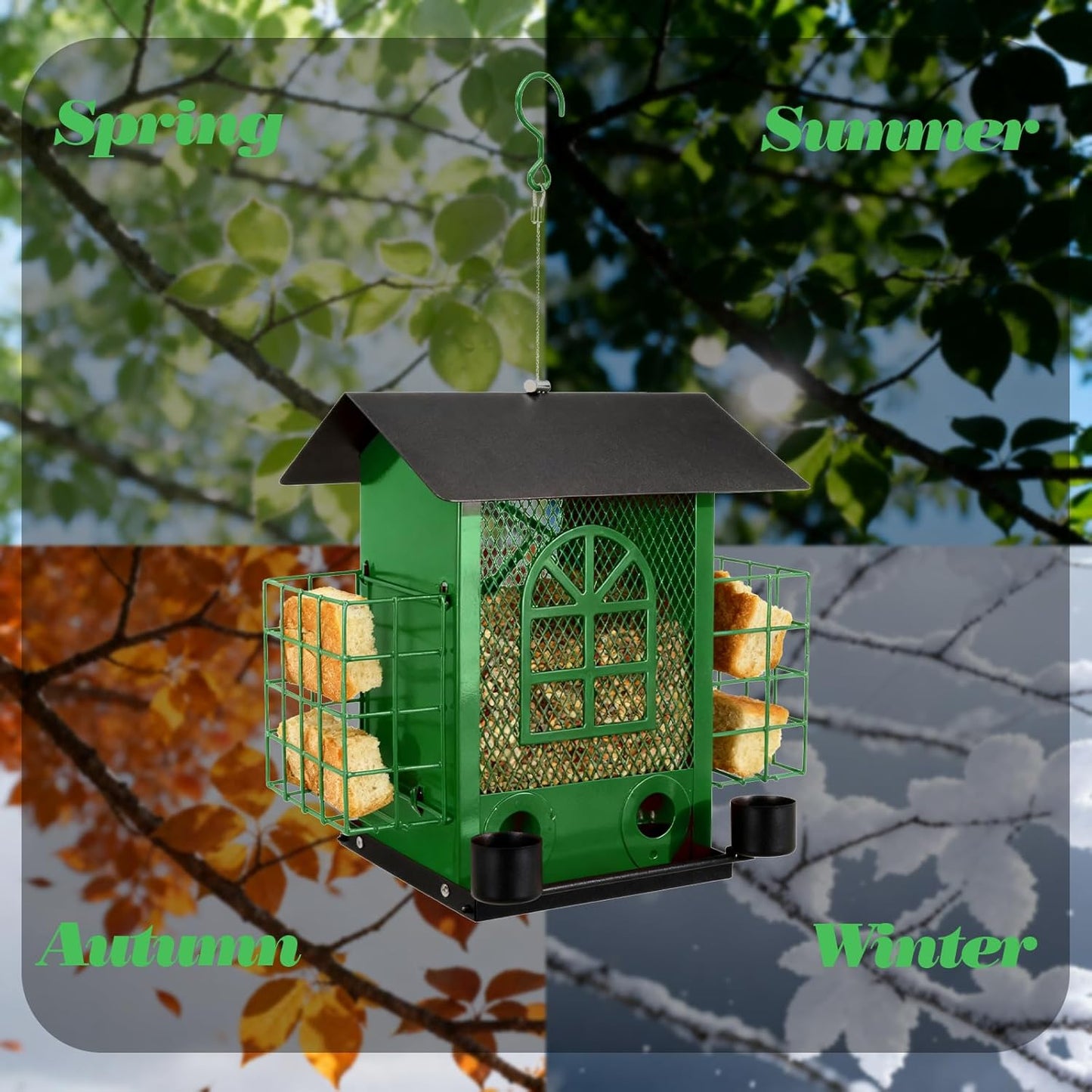 Outdoor Metal Hanging Bird Feeder Large Capacity Premium Wild Bird Feeder (Includes Bread Tray) Metal Mesh Design Multi-Compartment Food Storage Green (Green)