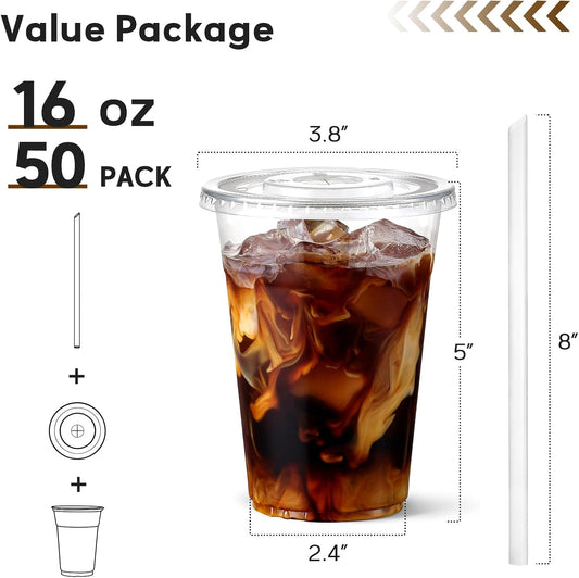 AOZITA 16 oz Plastic Cups with Lids and Straws, 50 Pack, Disposable Iced Coffee Cups with Lids, Clear Cups with Lids for Cold Drinks, Iced Tea, Milkshakes, Smoothies - Durable & BPA Free