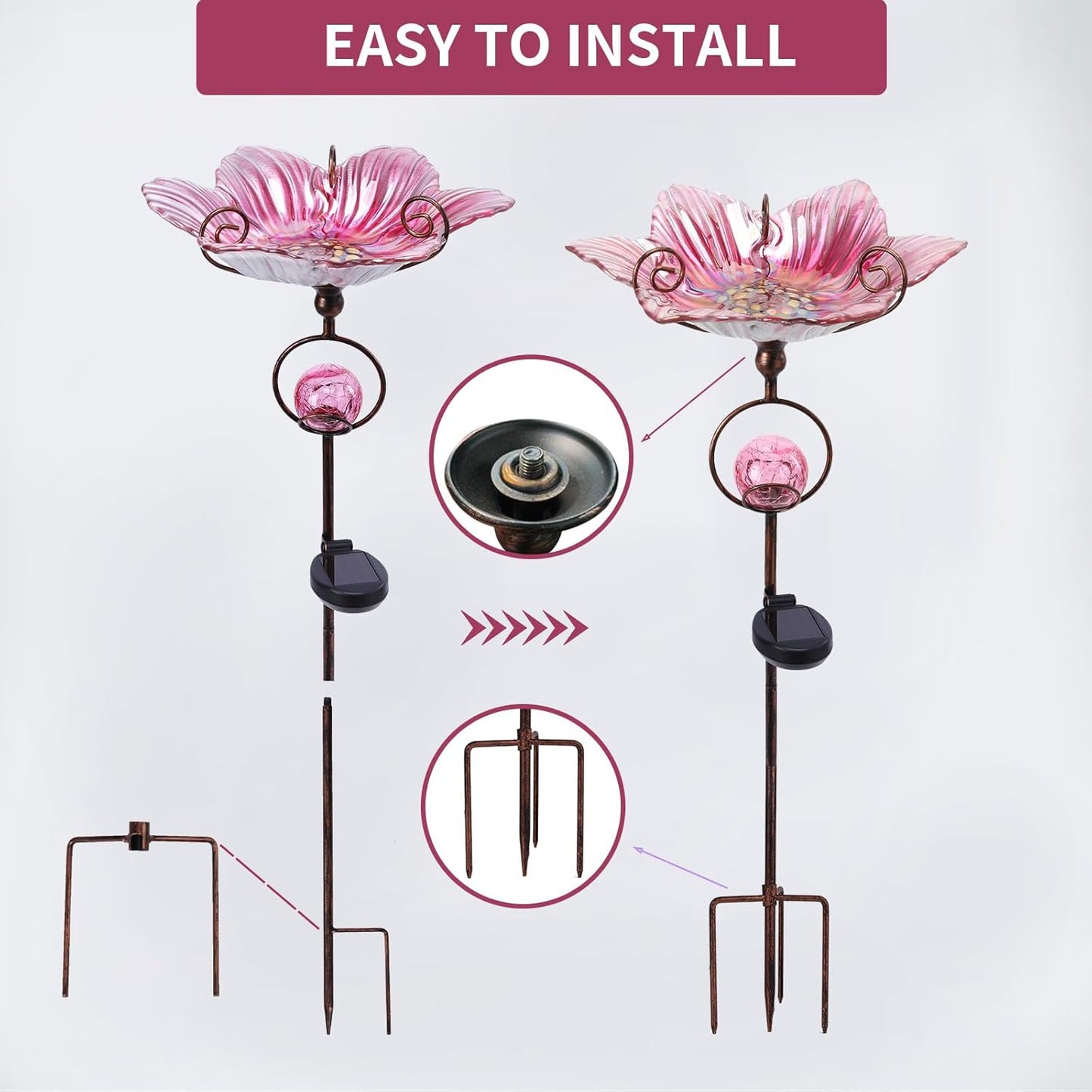 MUMTOP Glass Bird Baths for Outdoors, Flower Bird Baths Bowl with Solar Crackle Glass Globe Lights Decorations and Metal Stake for Outdoor Garden Yard Lawn Outside, Pink