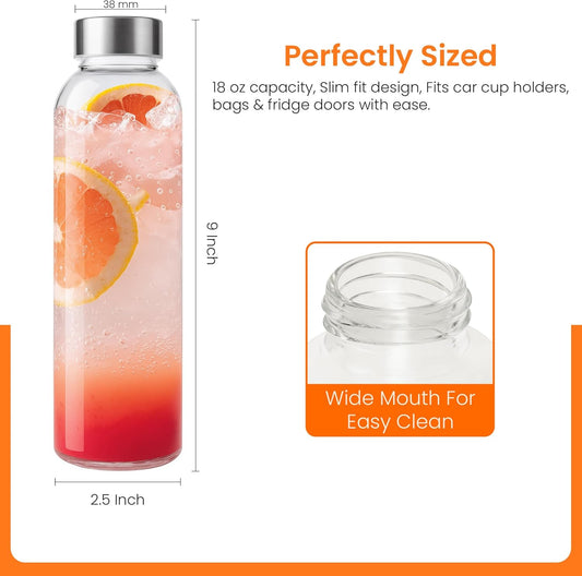 Epica Clear Glass Bottles with Lids, 18oz Resuable Glass Water Bottles