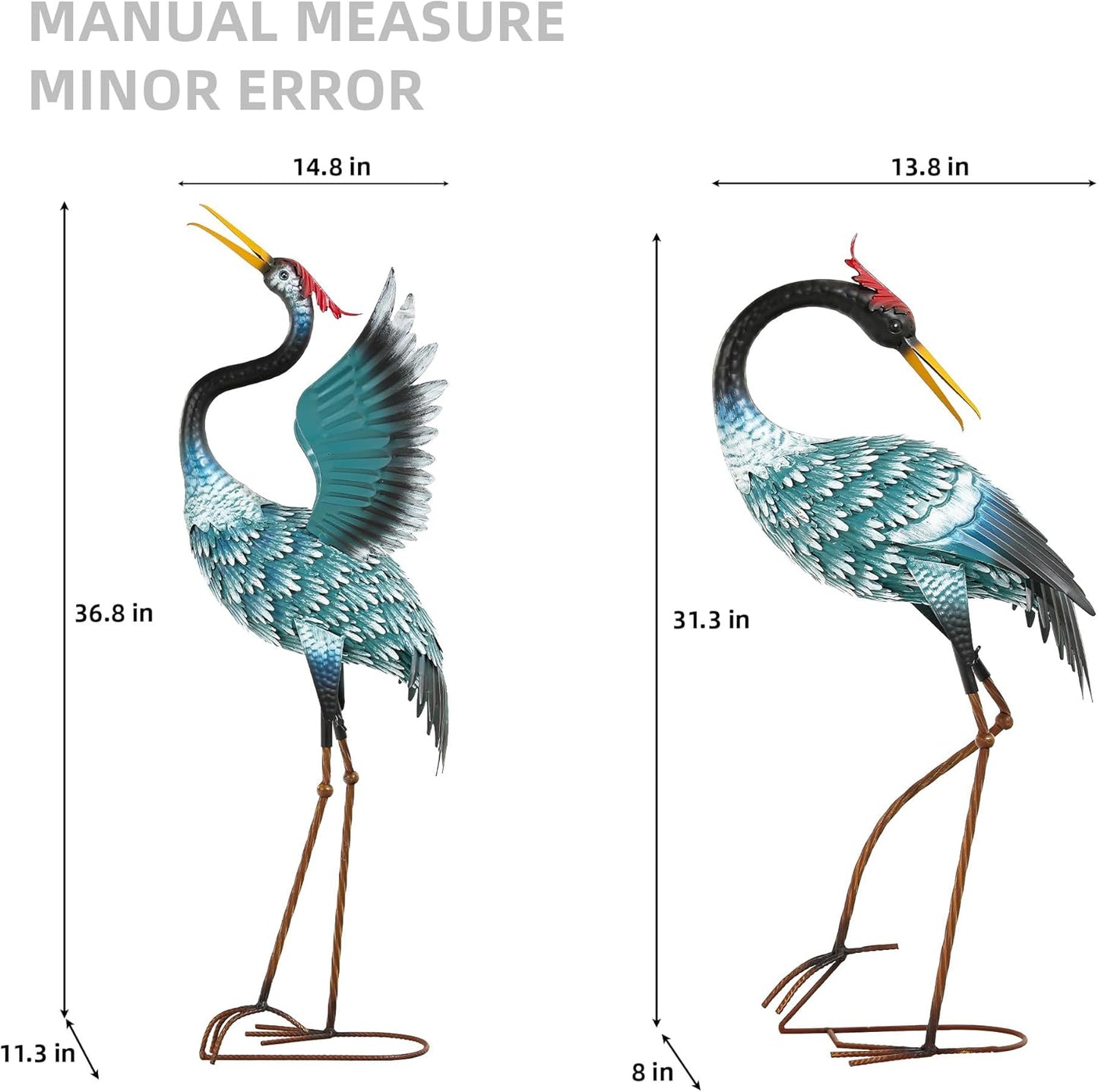 36.8" Metal Crane Garden Statue, Handcrafted Extra-Large Blue Heron De