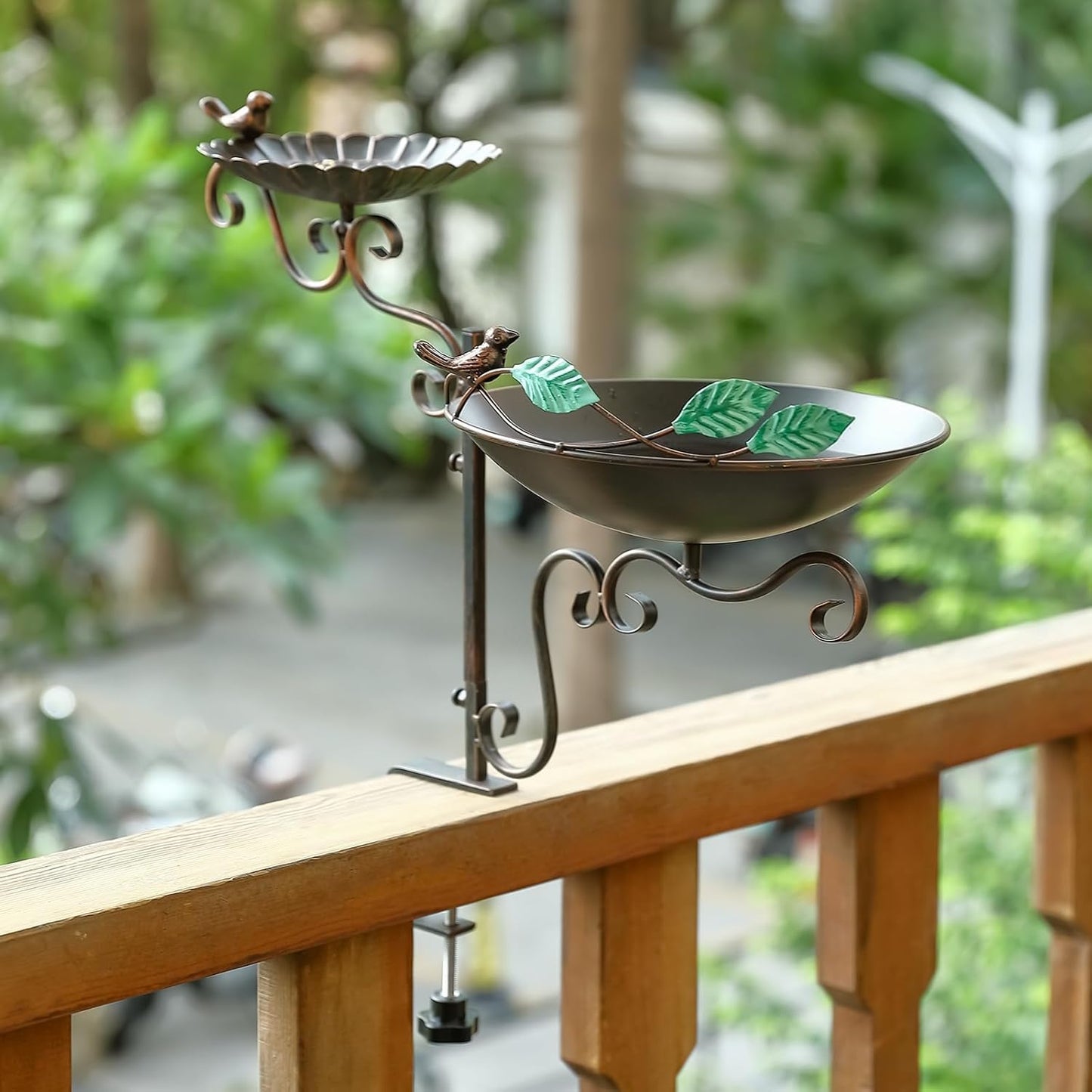 Jemeni Deck Mounted Bird Bath and Feeder Combo, 2 in 1 Bird Feeder with Baths for Outdoor with Clamp Mount Balcony Railing Attracting Birds