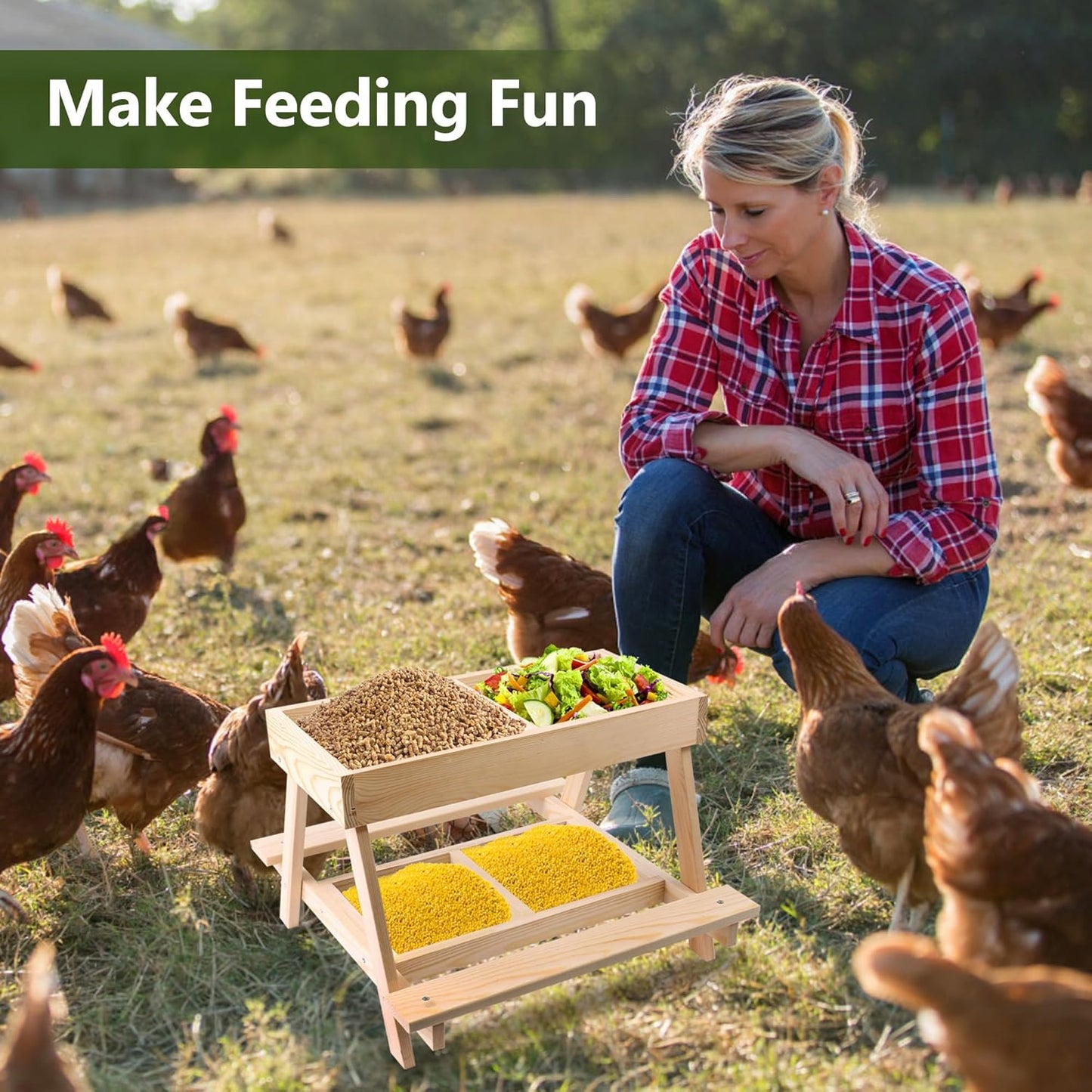 Double Chicken Picnic Table, Large Capacity Wooden Chicken Feeder No Waste, Mesh Bottom for Easy Cleanup, Suitable for Chickens, Ducks, Squirrel, Turkey