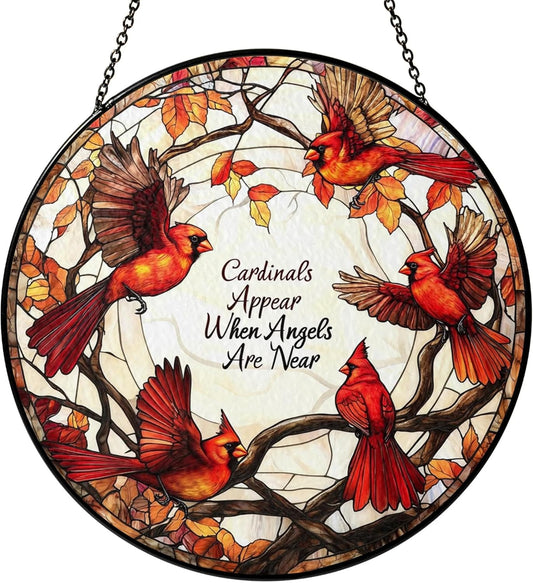 Cardinal Suncatcher Stained Glass Window Hanging Decor, Cardinal Remembrance Gifts, Cardinals Memorial Gifts for Loss of Loved One, Women Grandma Mom, Mothers Day Birthday Christmas Bird Lovers Gift