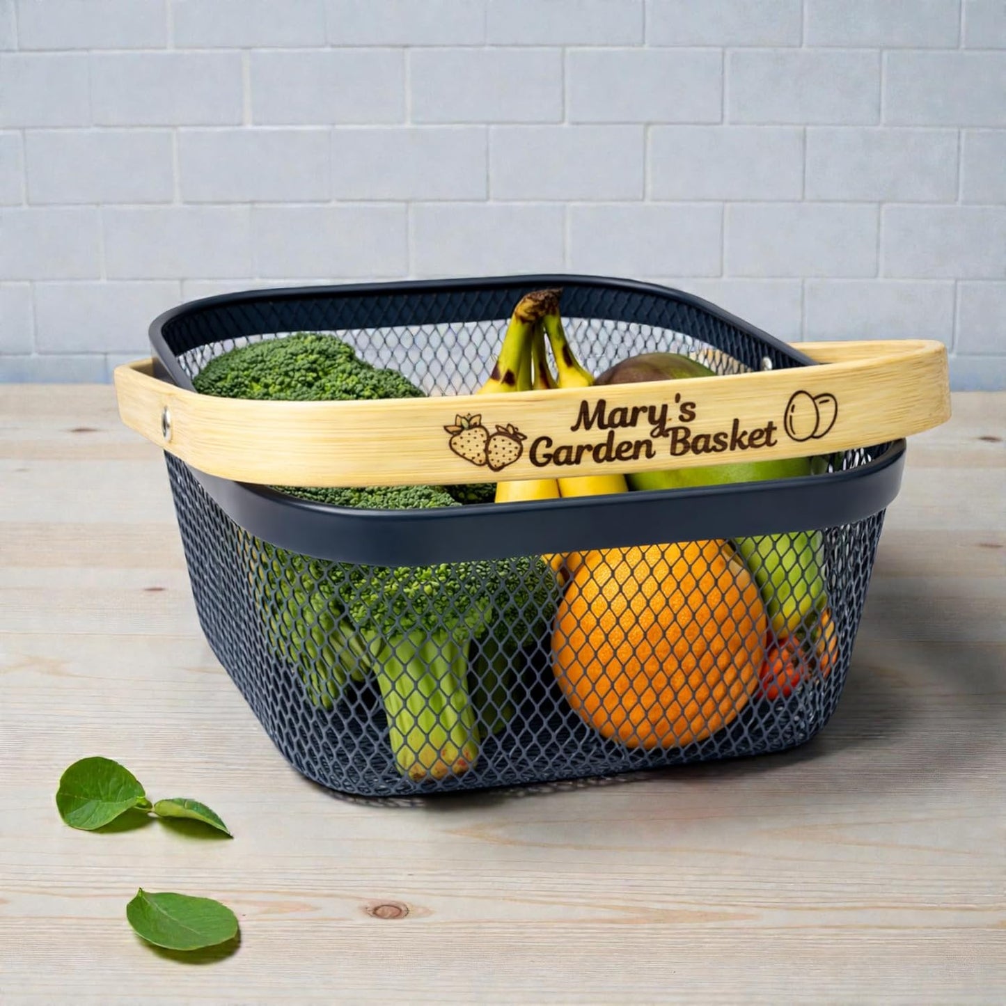 Garden Harvest Basket Gray Mesh Vegetable Hod with Bamboo Handle – Garden Baskets for Harvesting Fruits Vegetables Herbs, Durable Metal Wire Design for Gardeners (Gray Mesh Basket)