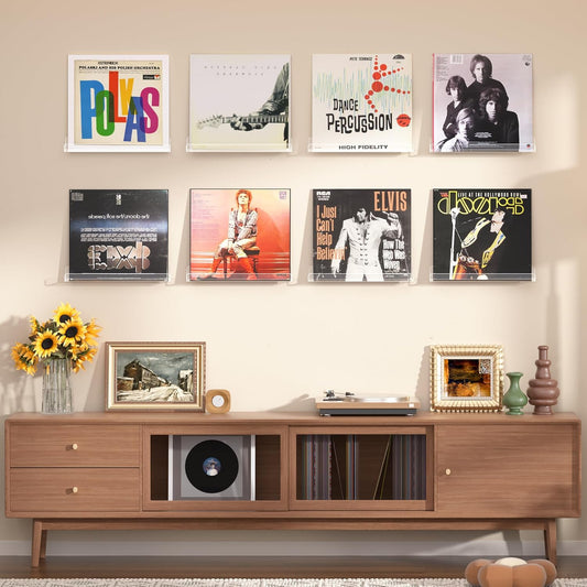 upsimples 8 Pack Vinyl Record Wall Mount Shelves, 12" Vinyl Holder for Album Record Storage & Display, Clear Acrylic Floating Shelves for Wall Decor, Kids Bookshelf, Magazine Rack, Picture Ledge | Vinyl Holder, Album Record Storage, Display, Wall Decor, K