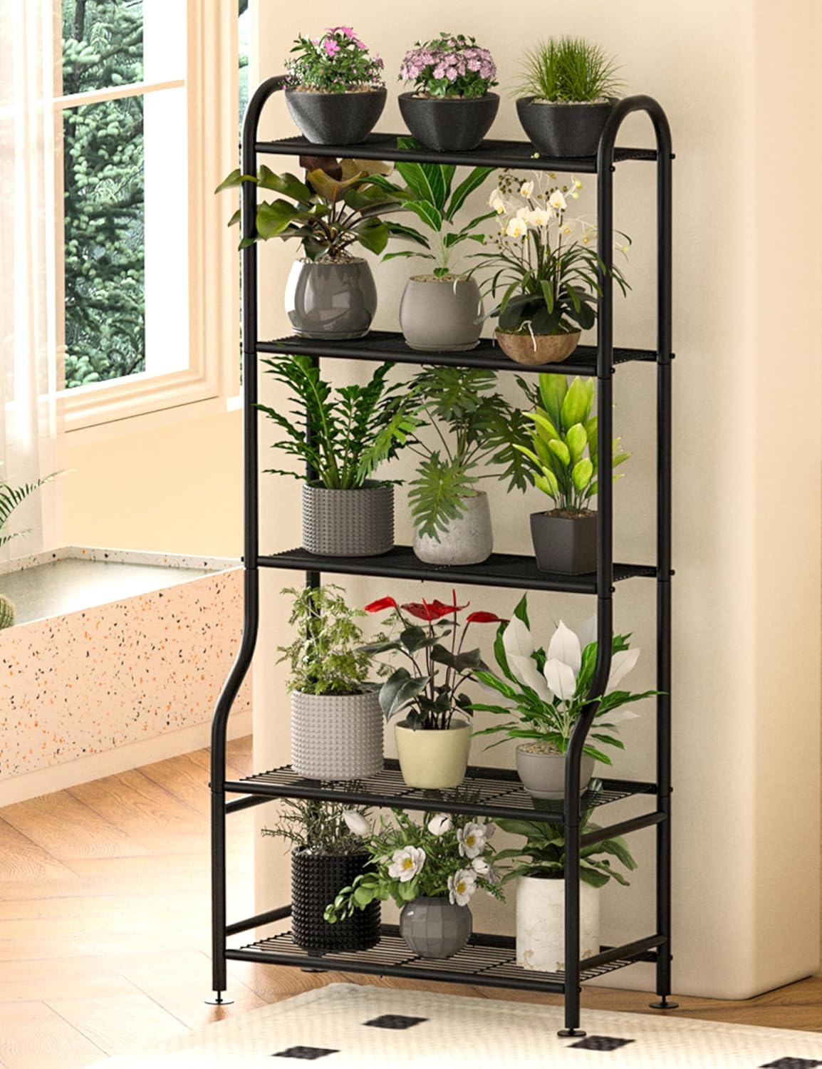 5-Tier Metal Plant Stand Indoor Outdoor, Waterproof Flower Stand for M