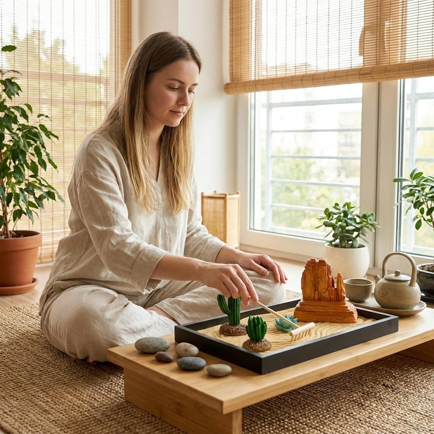 Desert Zen Garden Kit for Desk,12.6x8.6in Premium Sand Tray with 4 Artificial Features, Brown Sands, 3 Wood Tools,Mini Southwestern Desert Decor Zen Sand Garden Set for Home, Office Desk
