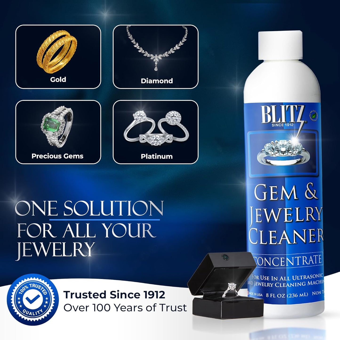 Blitz Gem & Jewelry Cleaner Liquid Concentrate for Gold, Silver, Platinum Jewelry Cleans Non-Porous, Precious & Semi-Precious Stones Non-Toxic, Non-Abrasive, Planet Friendly Made in USA 8oz (2 Pack)