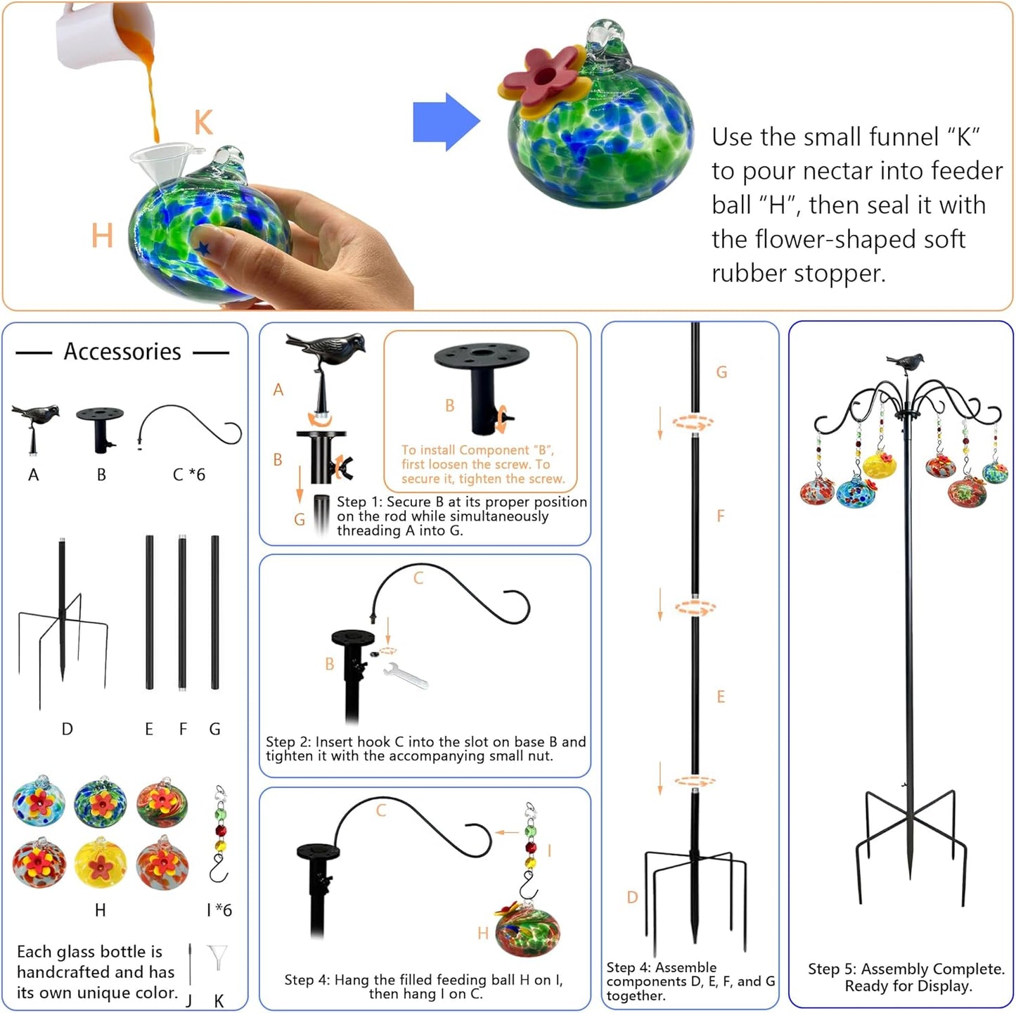Adjustable Hummingbird Feeder Poles for Outdoors Decorative, Hand Blown Glass Hummingbird Feeders for Outside for Garden Patio Backyard Decor (A)