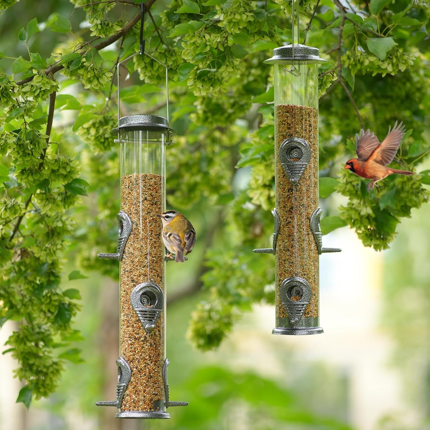 MIXXIDEA 2PK Metal Bird Feeders with 6 Feeding Ports,Tube Bird Feeder with Steel Hanger,Hard Plastic Wild Bird Feeder for Outdoors Hanging, Attracting Birds in Your Lawn, Garden, Balcony (Grey)