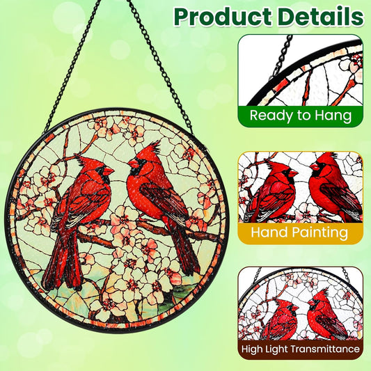 Cardinal Stained Glass Window Hanging Sun Catcher Glass Panel with Metal Chain and Hook Suncatcher Indoor Window Decor Home Garden Decoration Gift for Bird Lovers Women Mother's Day Christmas