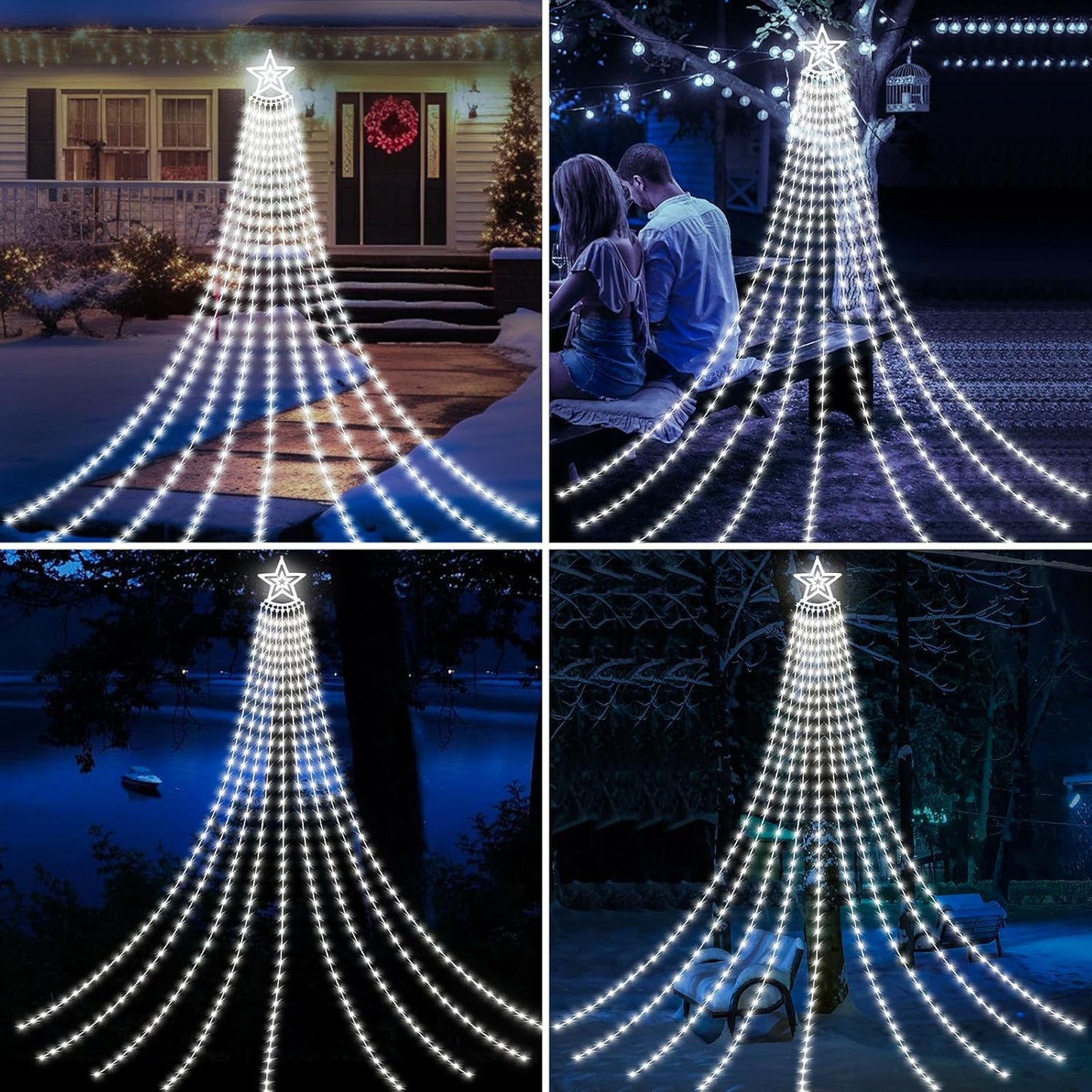 HELESIN Solar Outdoor Christmas Decorations Lights, 350LED Christmas Star Tree Light wth Remote Control, 8 Modes Waterfall Lights USB Charge for Holiday Xmas Tree Patio Yard Decor, Cold White