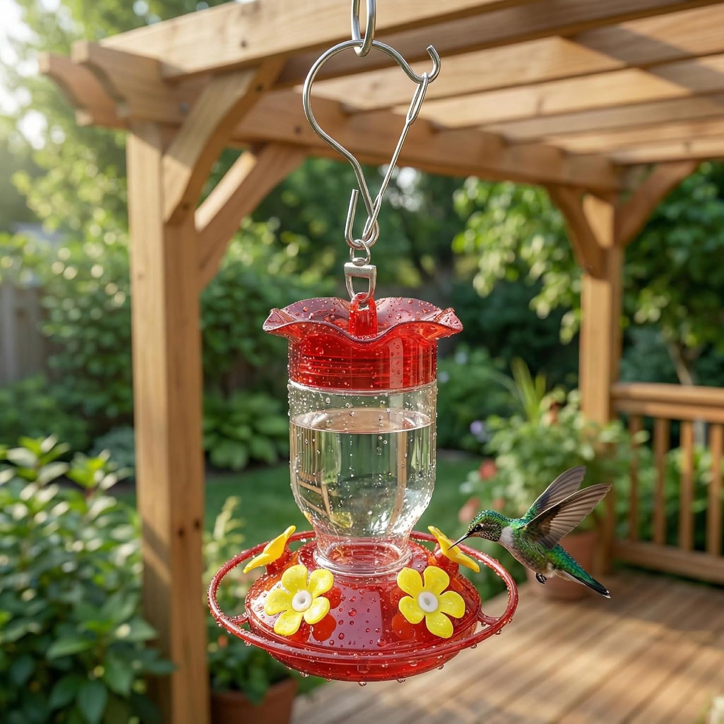 Plastic Hummingbird Feeders for Outdoors 2 Pack - 12oz Clear Bottle with 5 Feeding Ports, Ant Moat, Bee Proof, Leak Proof & Wide Mouth Easy Clean Design for Backyard, Garden & Deck Use