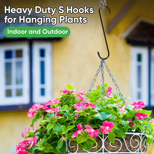 HiGift 8 Pack 12 Inch Long S Hooks for Hanging Plants, Large Plant Hooks for Hanging Baskets Heavy Duty, Black Extender Hooks for Kitchenware, Pergola, Closet, Flower Basket, Bird Feeder, Wind Chimes
