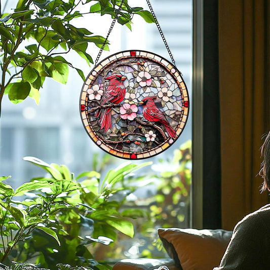 Cardinal Stained Glass Suncatcher - Hand-Painted Window Hanging with Metal Chain, Outdoor/Indoor Wall Decor for Mothers Day, Housewarming Gifts for Mom & Grandma Women Birthday Gifts