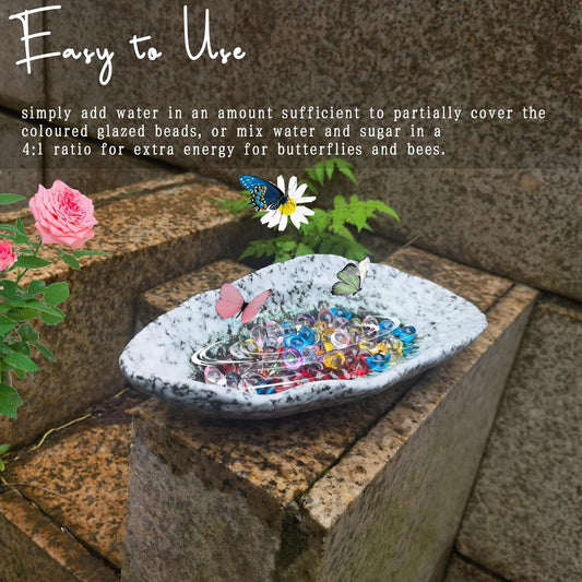Butterfly Feeder - Outdoor Ceramic Butterfly Puddler and Bee Watering Station with Colored Glass Bead - Garden Decor for Feeding Butterflies and Bees