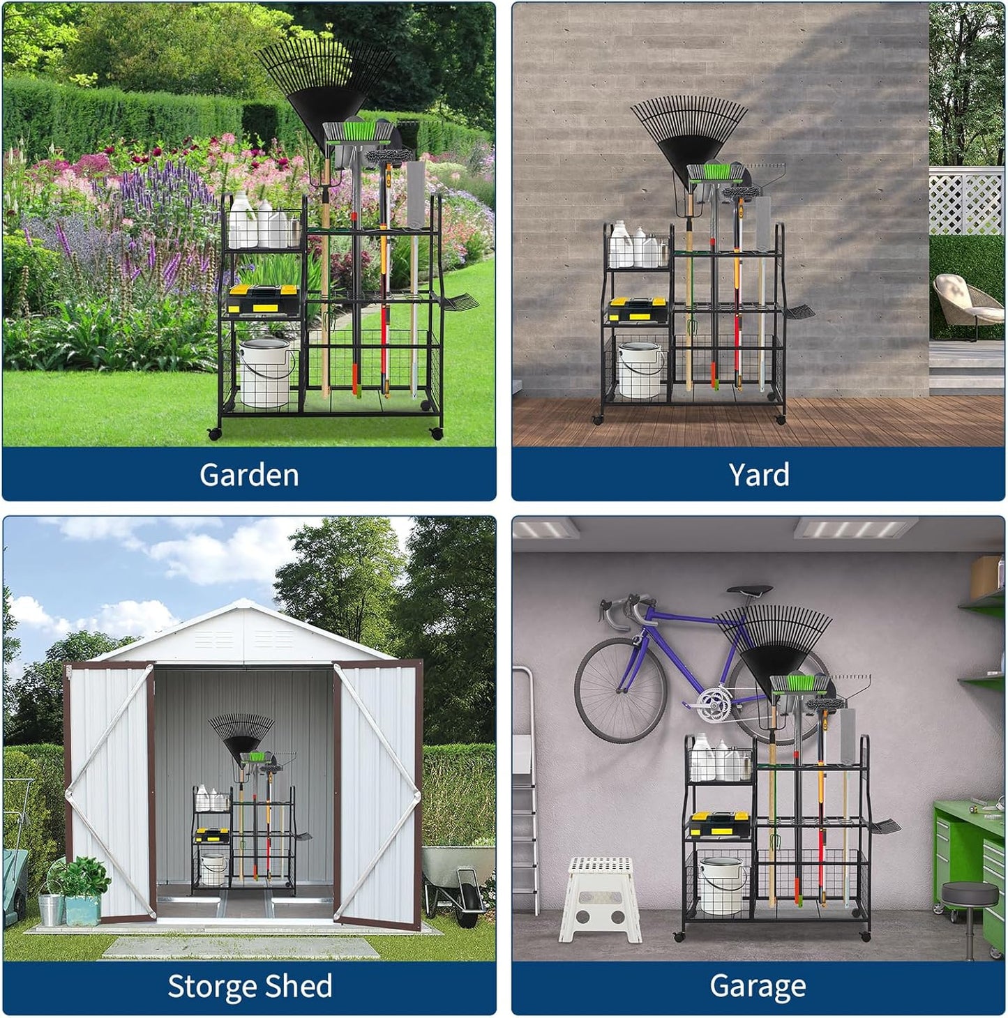 GarveeLife Garden Tool Organizer With Wheels & Basket,Yard Storage Rack with 6 Shelves,Freestanding Garage Tool Organizer for Yard Shed and Lawn