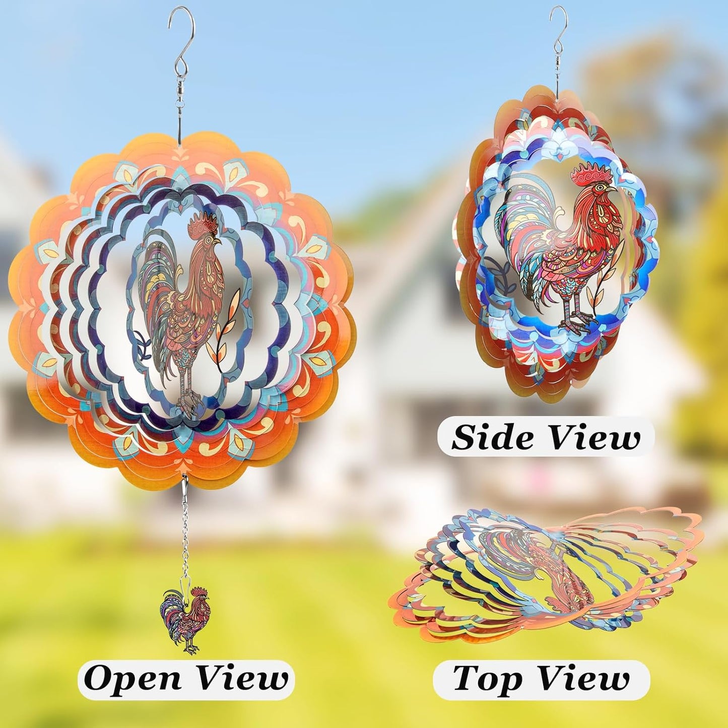 N&T NIETING Wind Spinner Outdoor Rooster Garden Decoration Worth Gifts for Women Mom Wife Grandma 3D Metal Wind Spinners Hanging Ornament for Home Garden Indoor Outdoor, 12 Inch