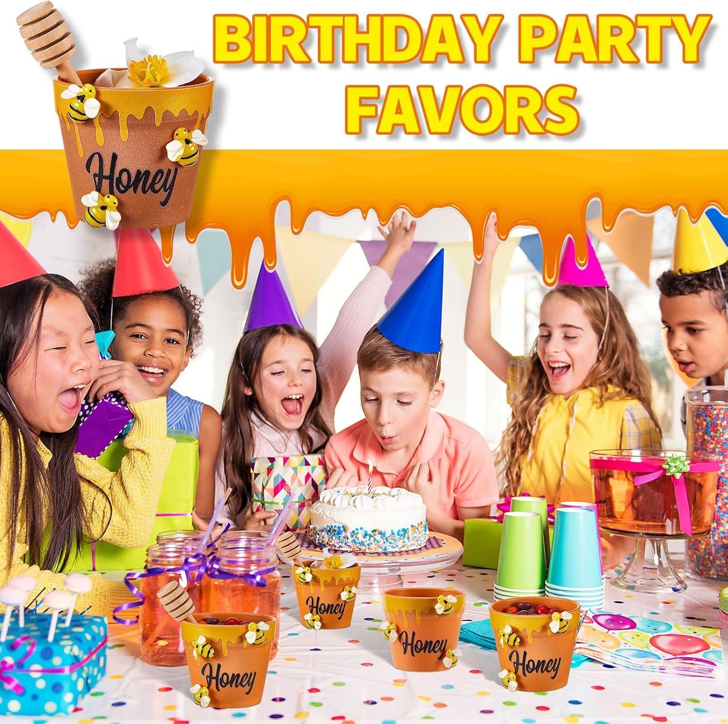 meekoo 16 Sets 16 Sets Mini Honey Bee Pots with Wooden Dippers Charms Honey Jars for Cupcake Planter Chocolate Chips bee Themed Baby Shower Favors Wedding Gifts for Guests