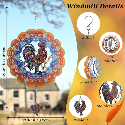 N&T NIETING Wind Spinner Outdoor Rooster Garden Decoration Worth Gifts for Women Mom Wife Grandma 3D Metal Wind Spinners Hanging Ornament for Home Garden Indoor Outdoor, 12 Inch