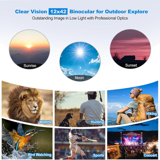 HD 12X42 Wateproof Binocular for Hunting, with Phone Adapter BAK4 Prism,Long Range High-Power Foldable Binoculars for Marine Hiking Bird Watching Wildlife View, Sports Outdoor Adventure