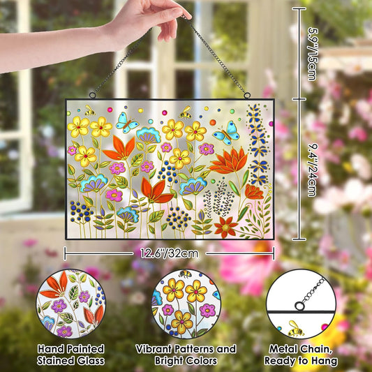 Stained Glass Window Hanging Suncatcher 12.6 Inch Colorful Wildflower Sun Catchers for Window Door Wall Art Home Decoration Christmas Hanging Ornament Gift for Women Mom Grandma Plant Lover