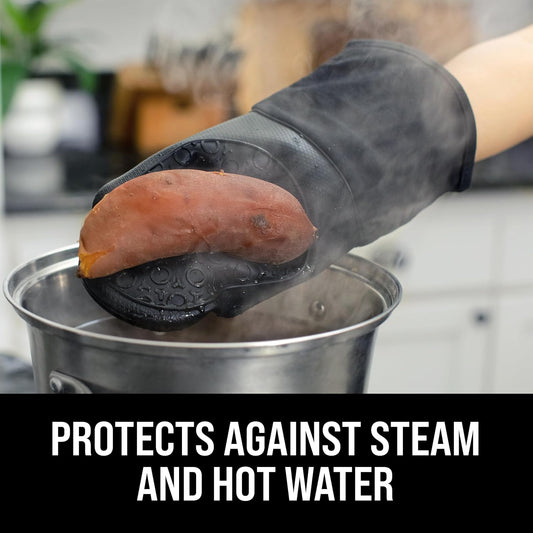 BPA-Free Silicone Oven Mitts Ultra Heat Resistant up to 500Β°F - Oven Mitts with Thick Cotton Liner - Long Slip Resistant Pot Holders, Flexible Oven Gloves - Black 13.7"