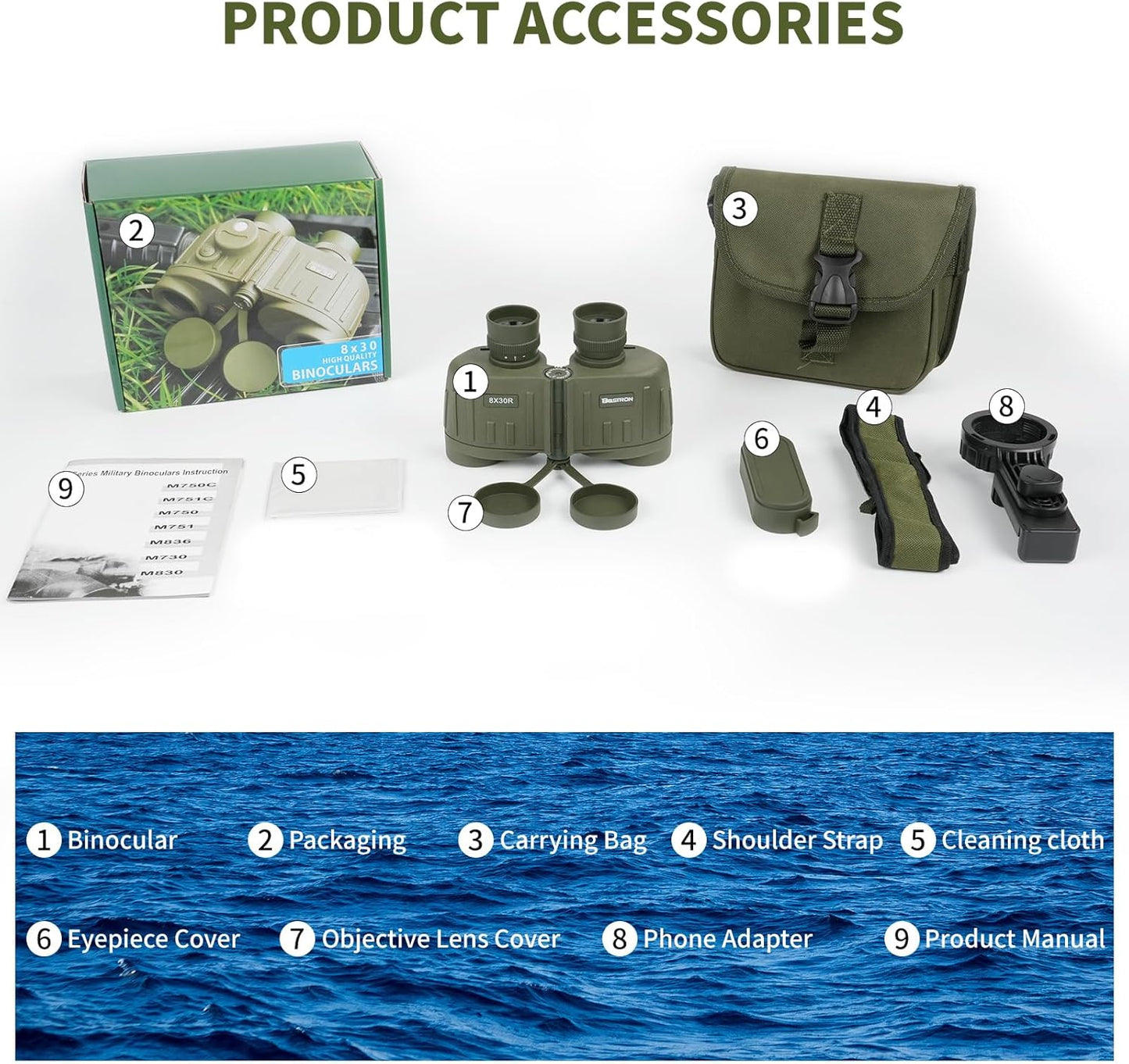 8X30 Marine Binoculars for Adults with Rangefinder Phone Adapter, Shockproof Military IPX7 Floating Waterproof Compact Binoculars with BAK4 Prism FMC Lens for Sailing Boating Navigation Bird Watching