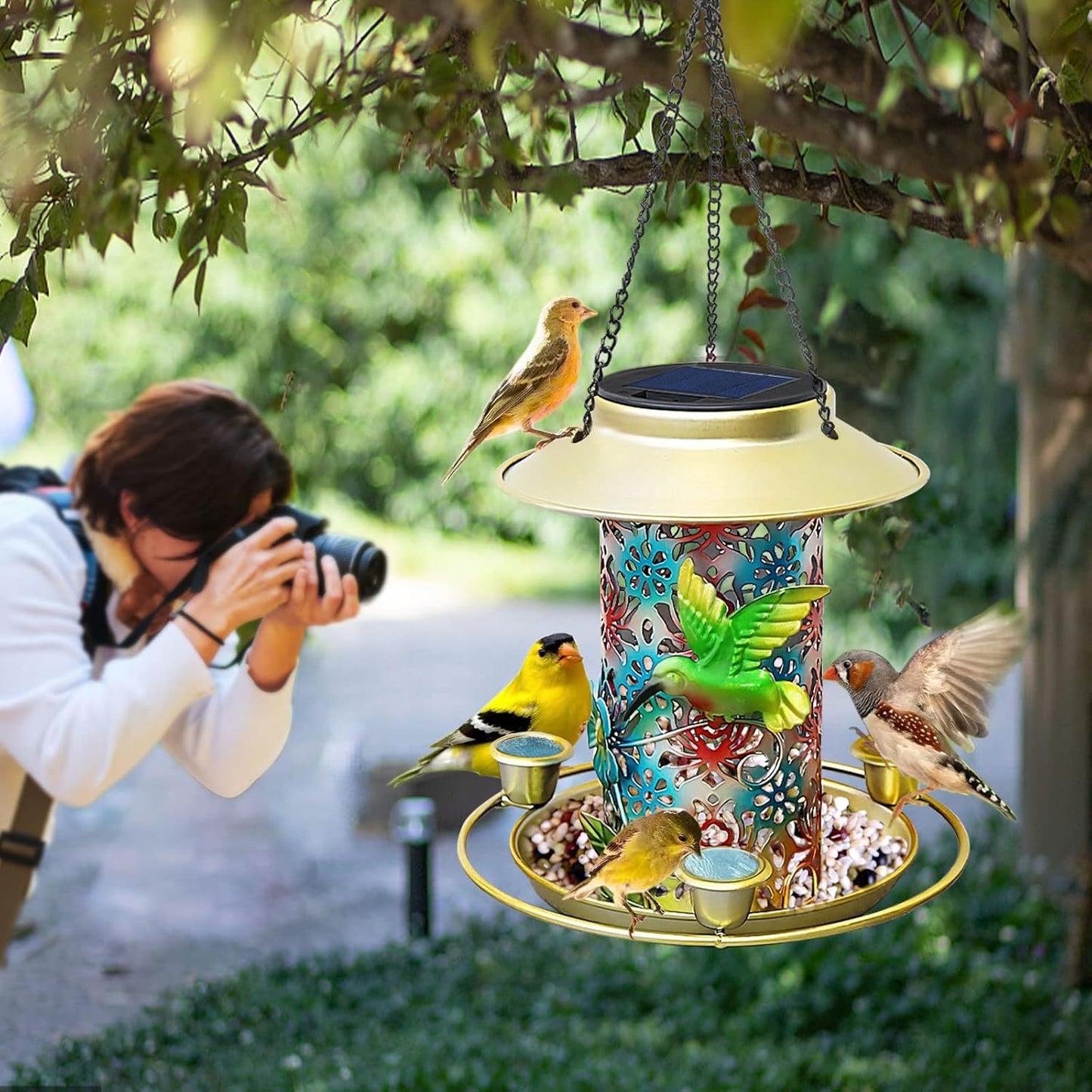 Solar Bird Feeder for Outdoors Hanging, Metal Waterproof Hummingbird Feeders Outside Wild Bird Feeders with 3 Water Feeder Cups and LED Light, Gift for Birds Lovers, Garden Lantern Decoration
