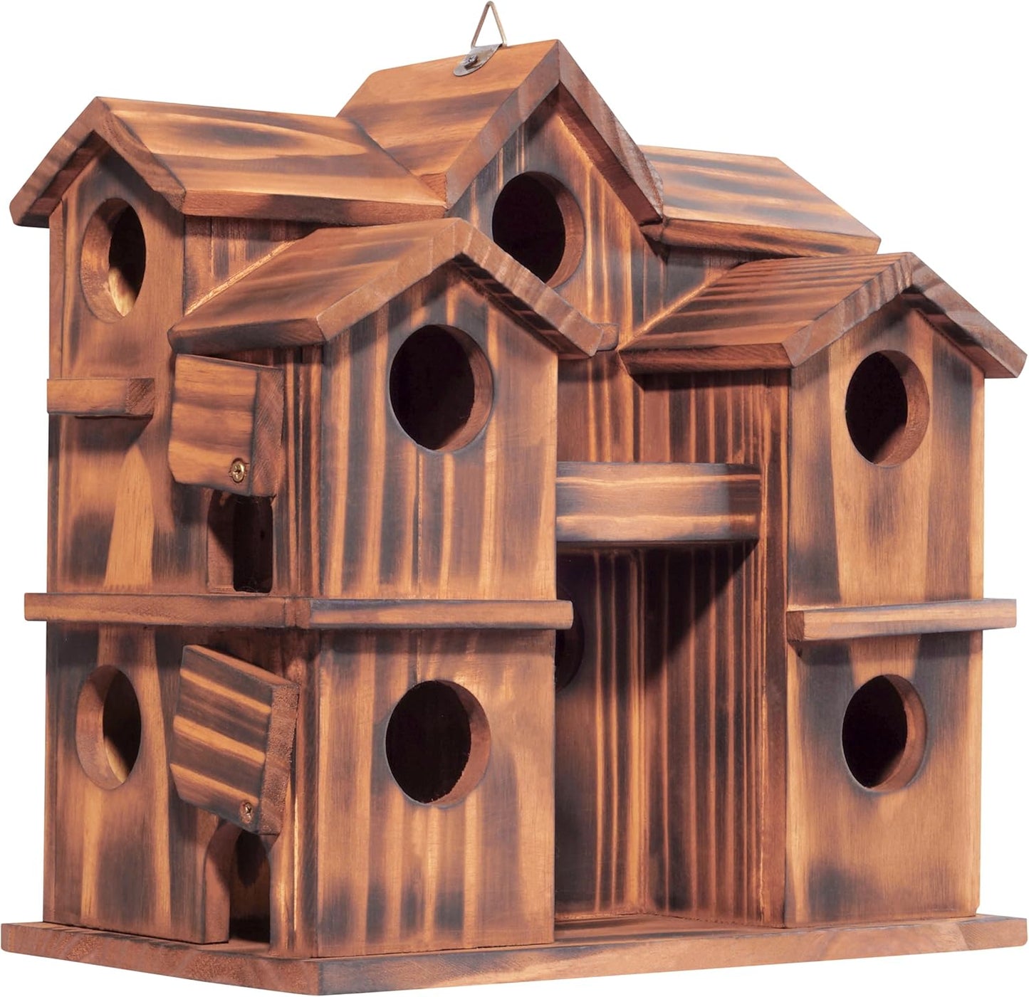MIXUMON Wooden Bird Houses for Outside β 10 Rooms Multi-Chamber Bird House, Carbonized Pine Rustic Finish, 1.57" Entrance Holes, Individual Cleaning Doors, Decorative Outdoor Bird Nesting Box