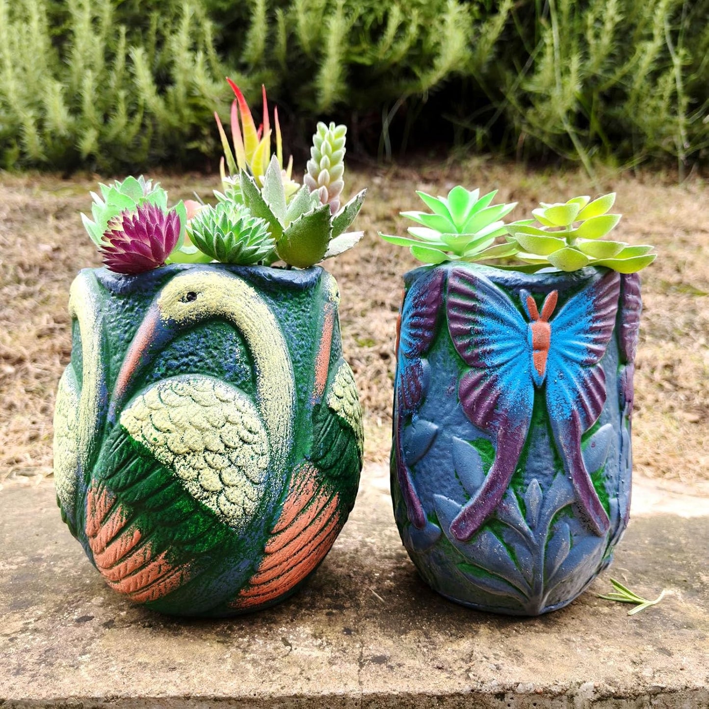 Ceramic Flowerpot with Bird Glaze Patterns,Vintage-Inspired Oval Thick Green Glaze Cylindrical Planter for Succulents Indoor Outdoor Decor