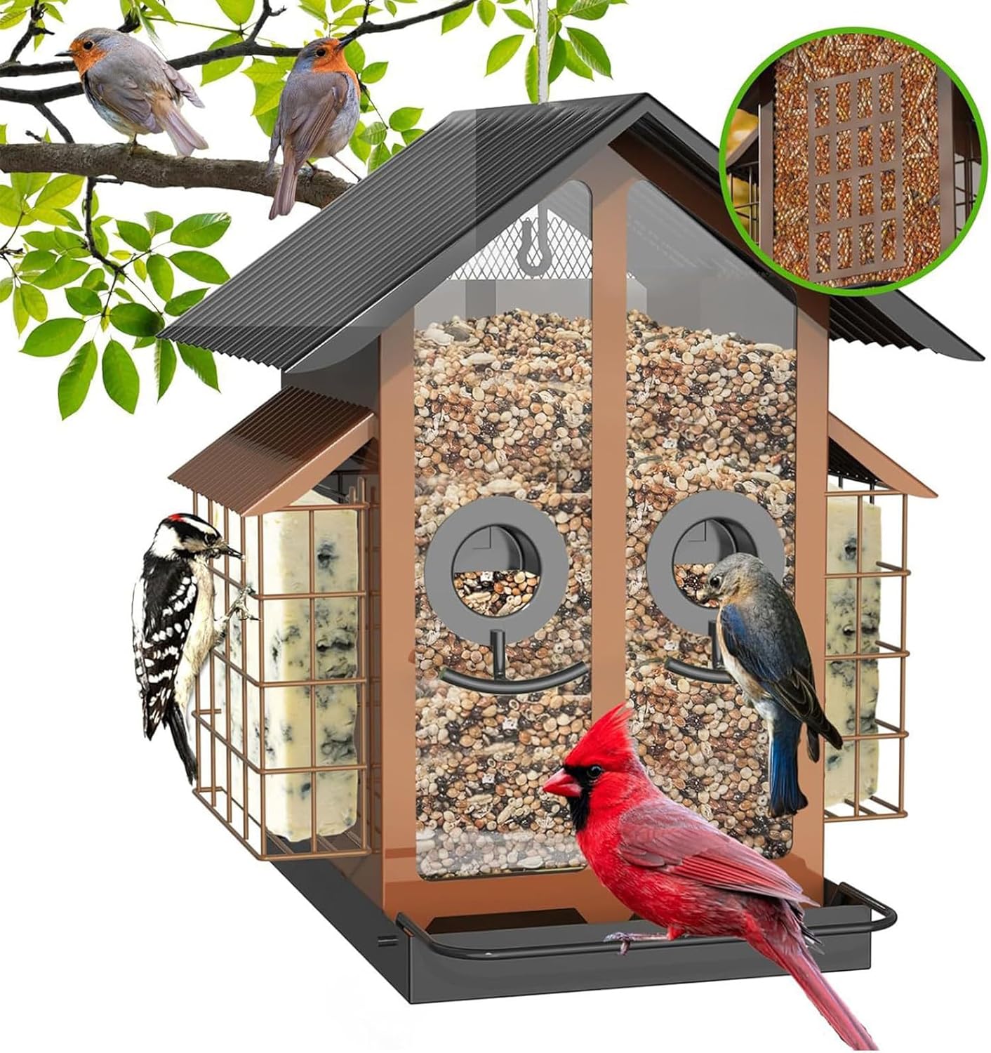 Bird Feeders for Outdoors, Metal Squirrel Proof Birding Supplies, Medium Outdoor Bird Feeder with Protective Cage, Feeding with Compact Design, Sturdy Weather-Resistant Material