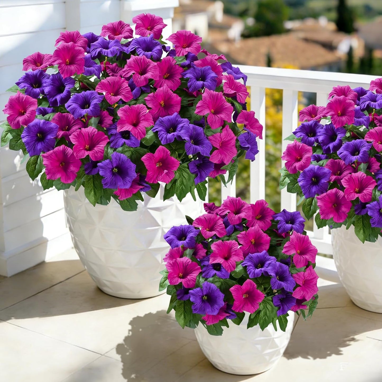 MARTINE MALL Artificial Flowers for Outdoors, 2 Potted Realistic Fake Outdoor Flowers, UV Resistant Silk Petunia Flower for Outside Look Real Faux Flower Plants in Pot for Porch Garden Decor, 20''
